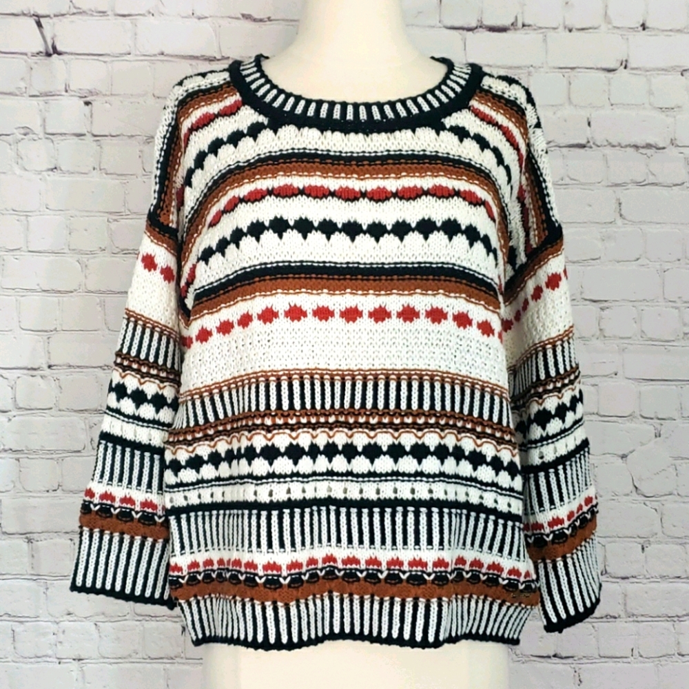 Marc New York Stripe Knit Sweater Black Ivory Brown Rust size Small